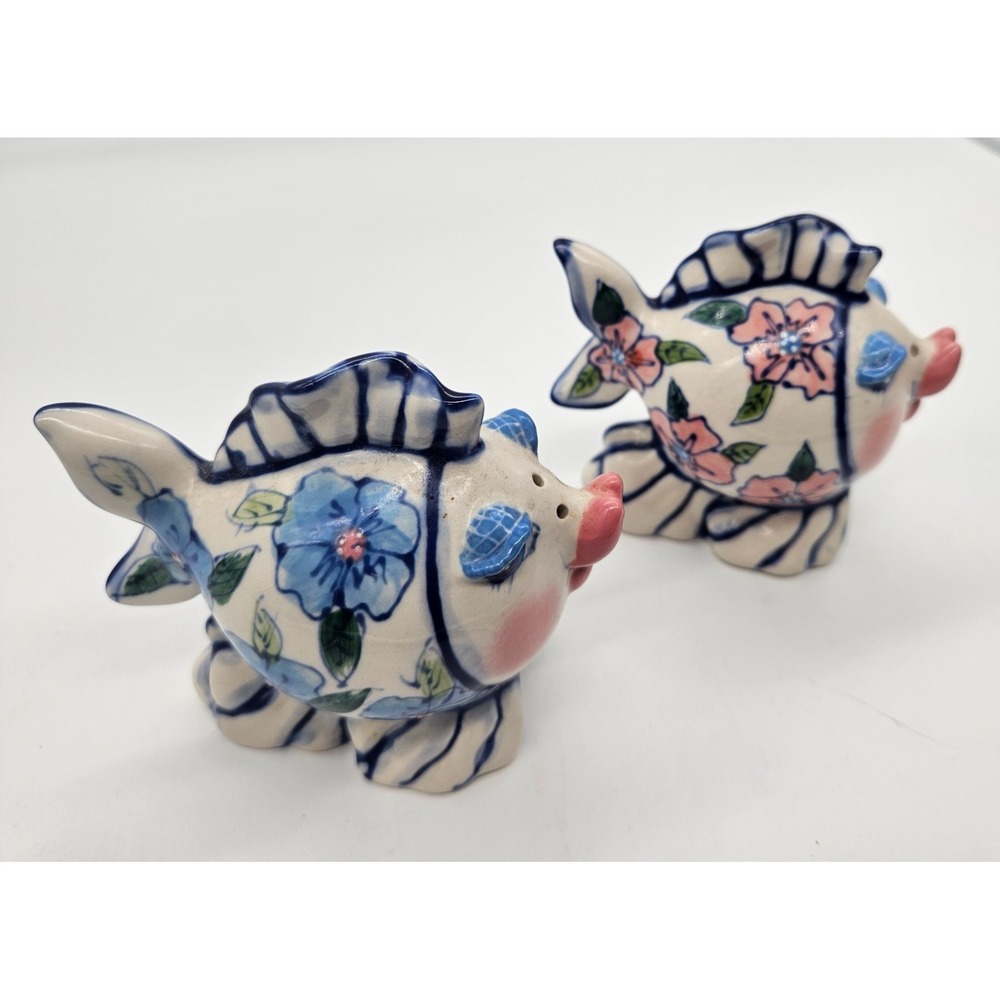 Vintage Style Ceramic Fish Salt and Pepper Shakers Floral Blue Pink Hand Painted